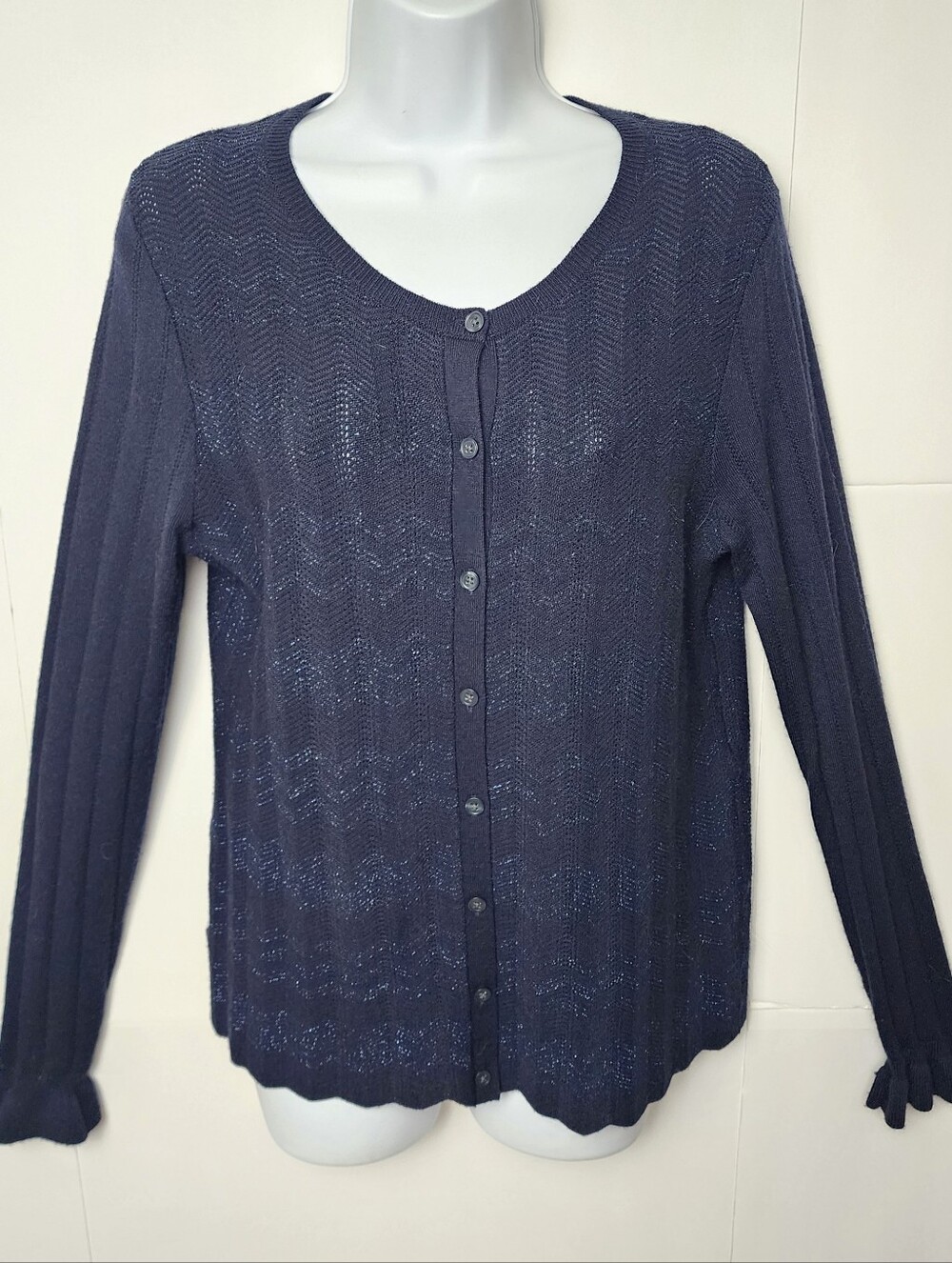 Ann Taylor Wool Blend Cardigan Sweater Sz M Ruffle Cuff Dark Academia